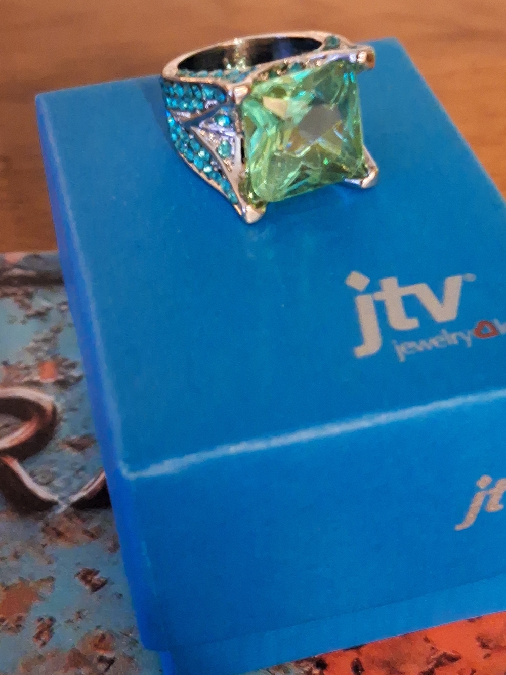 JTV Silver Green Cubic Zirconia Cocktail Ring